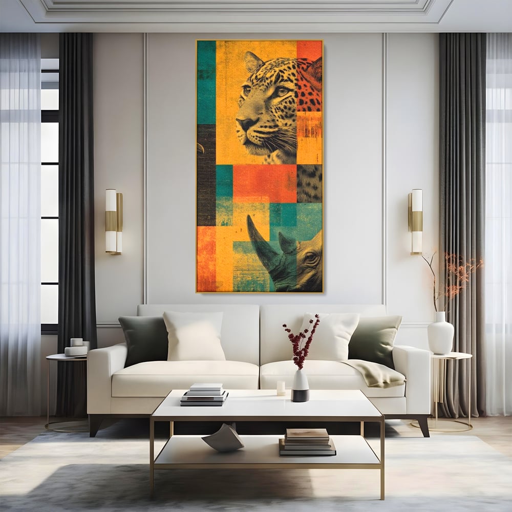 Tablou canvas cu tablou vertical cu leopard si rinocer, in rama de aluminiu auriu, pe perete intr-un living